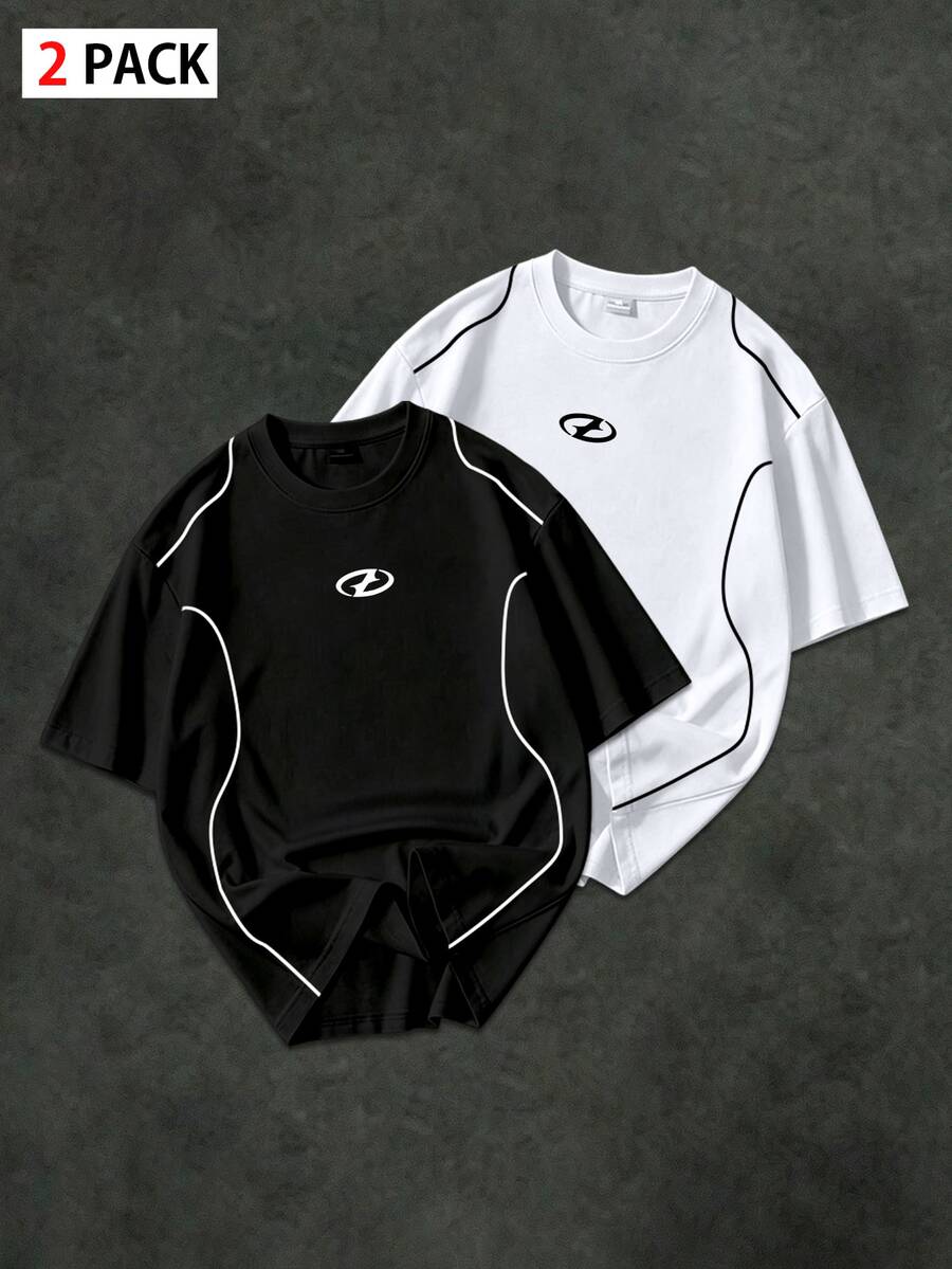 GymRaken Men's 2pcs Summer Loose Comfortable Drop Shoulder Sports T-Shirt 2pcs Set, Gym, Holiday - Black - View 1