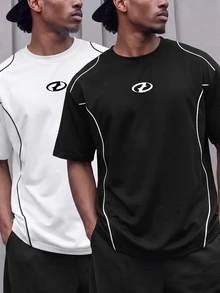GymRaken Men's 2pcs Summer Loose Comfortable Drop Shoulder Sports T-Shirt 2pcs Set, Gym, Holiday - Black - View 3