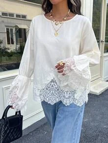Serisse Blus Kasual Wanita dengan Motif Renda dan Patchwork untuk Pemakaian Sehari-hari - MultiWarna - View 7