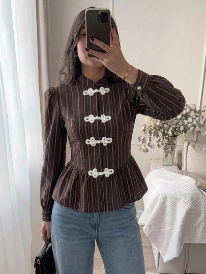 Serisse Women's Chocolate Brown Pinstripe Frog Button Shirt Mandarin Collar Puff Sleeve Peplum Hem Cinched WaistLong Sleeve Oriental VintageElegant Y2kAutumn