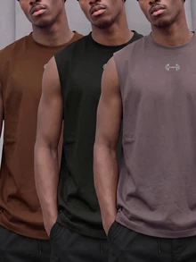 GymRaken 男士3件組休閒槓鈴印花圓領運動背心，夏季健身房適用 - 黑色 - 查看 3