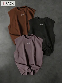 GymRaken 男士3件組休閒槓鈴印花圓領運動背心，夏季健身房適用 - 黑色 - 查看 1