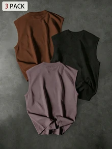 GymRaken 男士3件組休閒槓鈴印花圓領運動背心，夏季健身房適用 - 黑色 - 查看 2