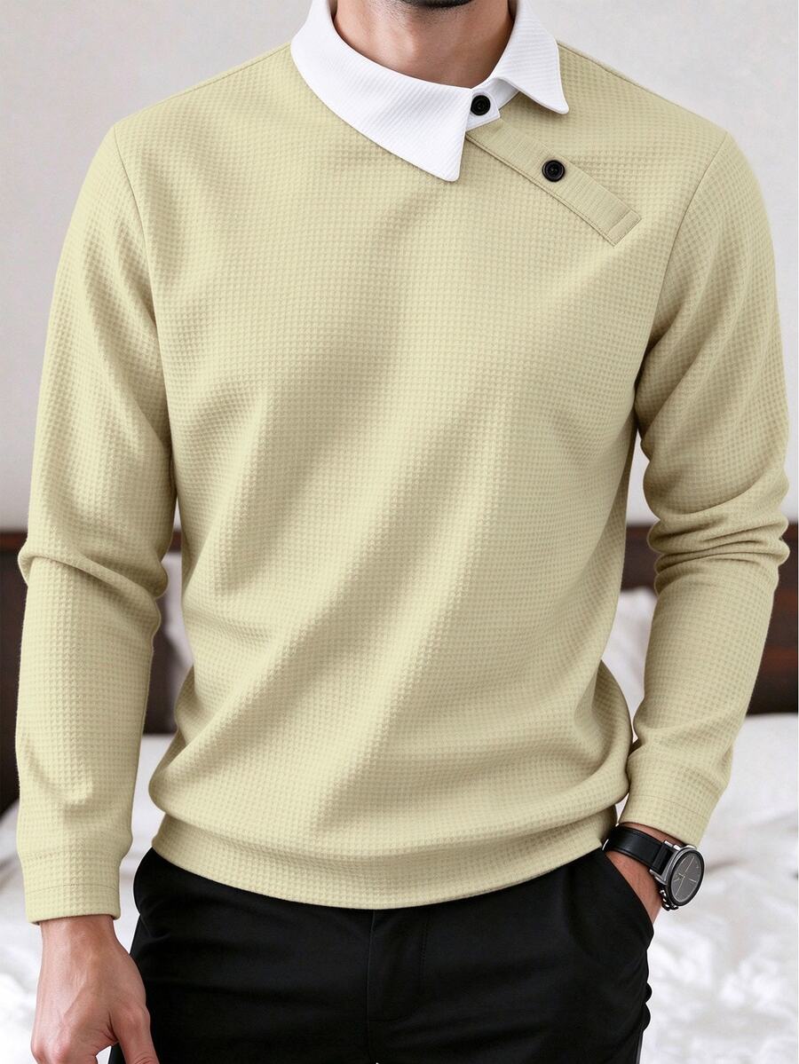 Manfinity Homme 男士撞色長袖休閒通勤百搭針織鈕扣 Polo 衫 灰色 正式 儀式感 - 卡其色 - 查看 1