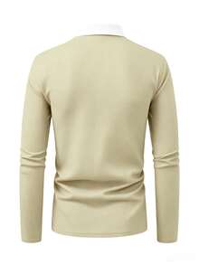 Manfinity Homme 男士撞色長袖休閒通勤百搭針織鈕扣 Polo 衫 灰色 正式 儀式感 - 卡其色 - 查看 2