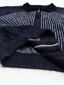 Manfinity Hypemode Men's Minimalist Striped Contrast Color Zip-Up Knit Cardigan,Stripe Pattern Knitted Pullover, Two-Tone Jacquard Loose Fit Black Graphic - Black - View 7