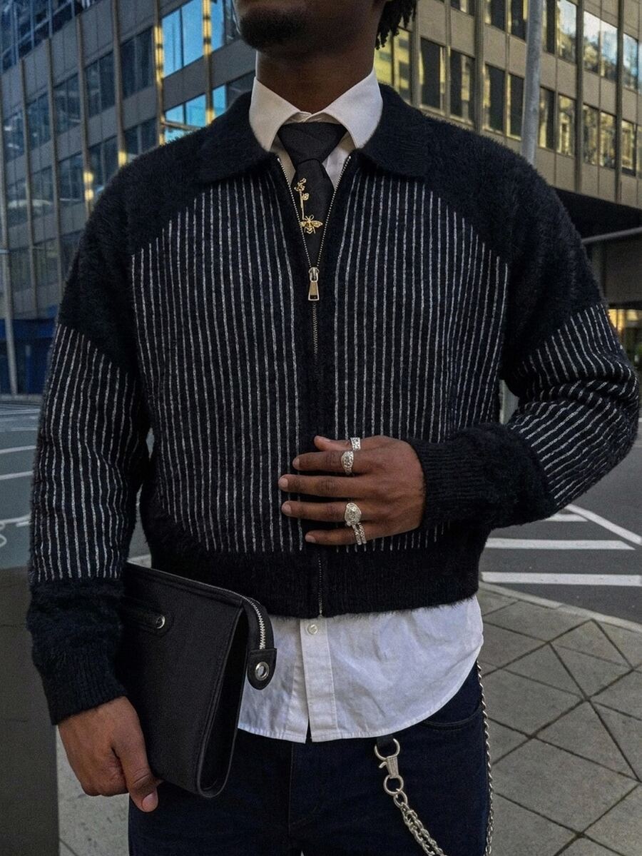 Manfinity Hypemode Men's Minimalist Striped Contrast Color Zip-Up Knit Cardigan,Stripe Pattern Knitted Pullover, Two-Tone Jacquard Loose Fit Black Graphic - Black - View 1
