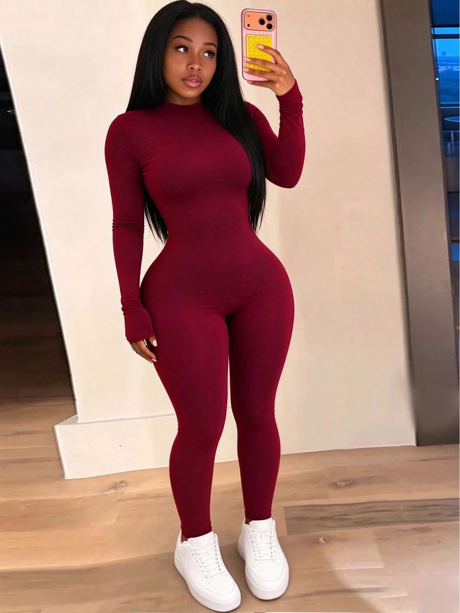 INAWLY Solva Women's Round Neck Long Sleeve Solid Color Fitted Jumpsuit - Burgundy - View 1
