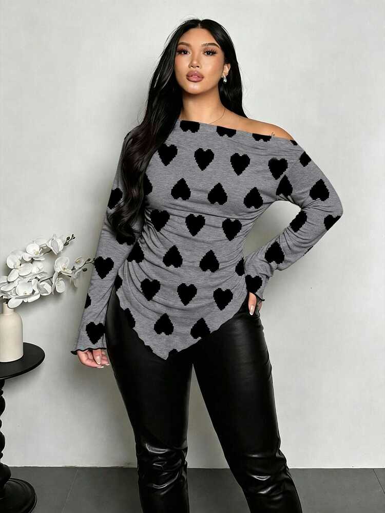 Firerie Casual Heart Print Hem Asymmetrical Shoulder Plus Size Grey T-Shirt,Y2K,Sexy Top,Fall/Winter,Suitable For Valentine's Day, Elegant - Multicolor - View 5