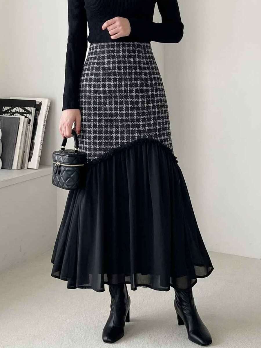 FRIFUL Women's Plaid Colorblock Casual Daily Skirt - Grey - View 1