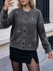 Comfylo Plus Size Casual Argyle Cardigan, Autumn/Winter - Dark Grey - View 3