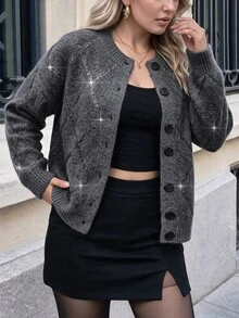 Comfylo Plus Size Casual Argyle Cardigan, Autumn/Winter - Dark Grey - View 6