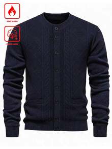Manfinity Homme Men's Autumn/Winter Knitted Cardigan , Formal, Daily Wear, For Fall, Ceremony Style For Commuting, Old Money - Navy Blue - View 2