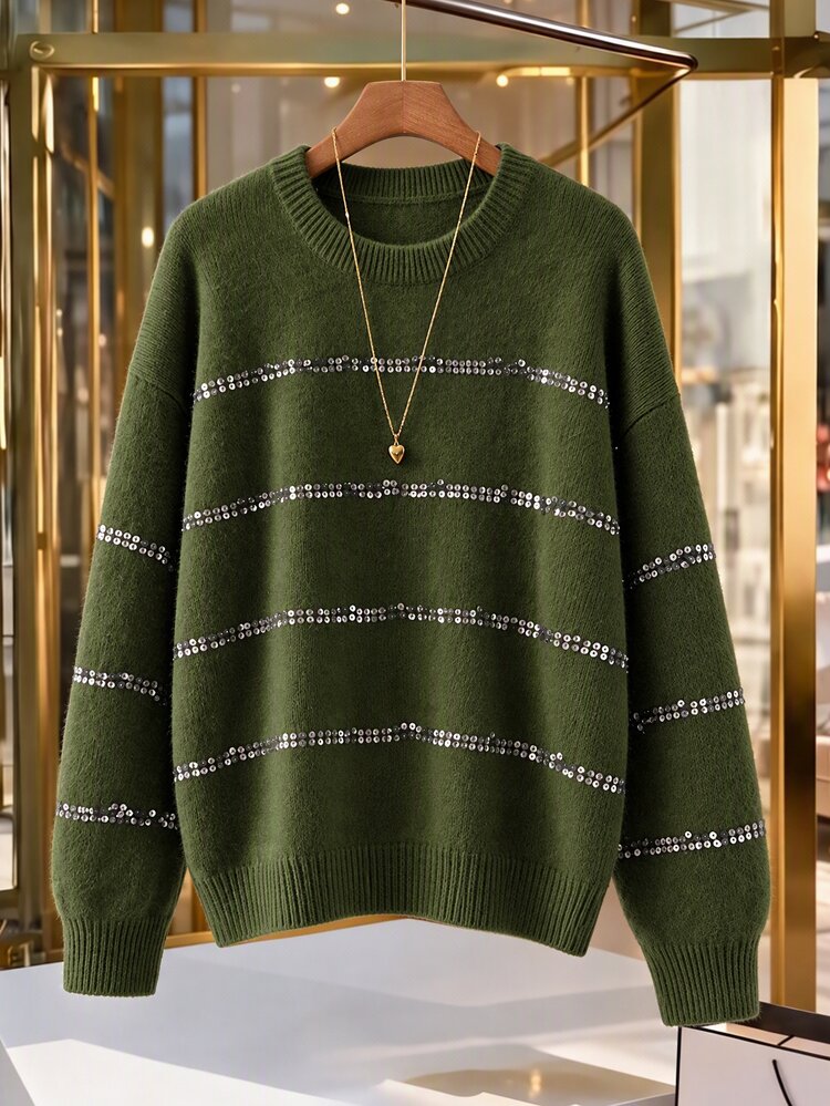 GlowEve CURVE Fashionable Sequin Design Commuter Style Loose Fit Versatile Knit Sweater Base Layer Top For Women Fall Winter Sweater Fall Winter 2026 - Army Green - View 4