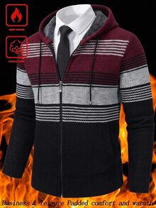 Manfinity Homme 男士條紋拼接休閒日常連帽保暖內裡開襟衫，秋季，街頭風，登山，防風外套，戶外派克大衣 - 藍色 - 查看 1
