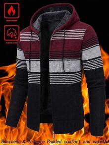 Manfinity Homme 男士條紋拼接休閒日常連帽保暖內裡開襟衫，秋季，街頭風，登山，防風外套，戶外派克大衣 - 藍色 - 查看 7