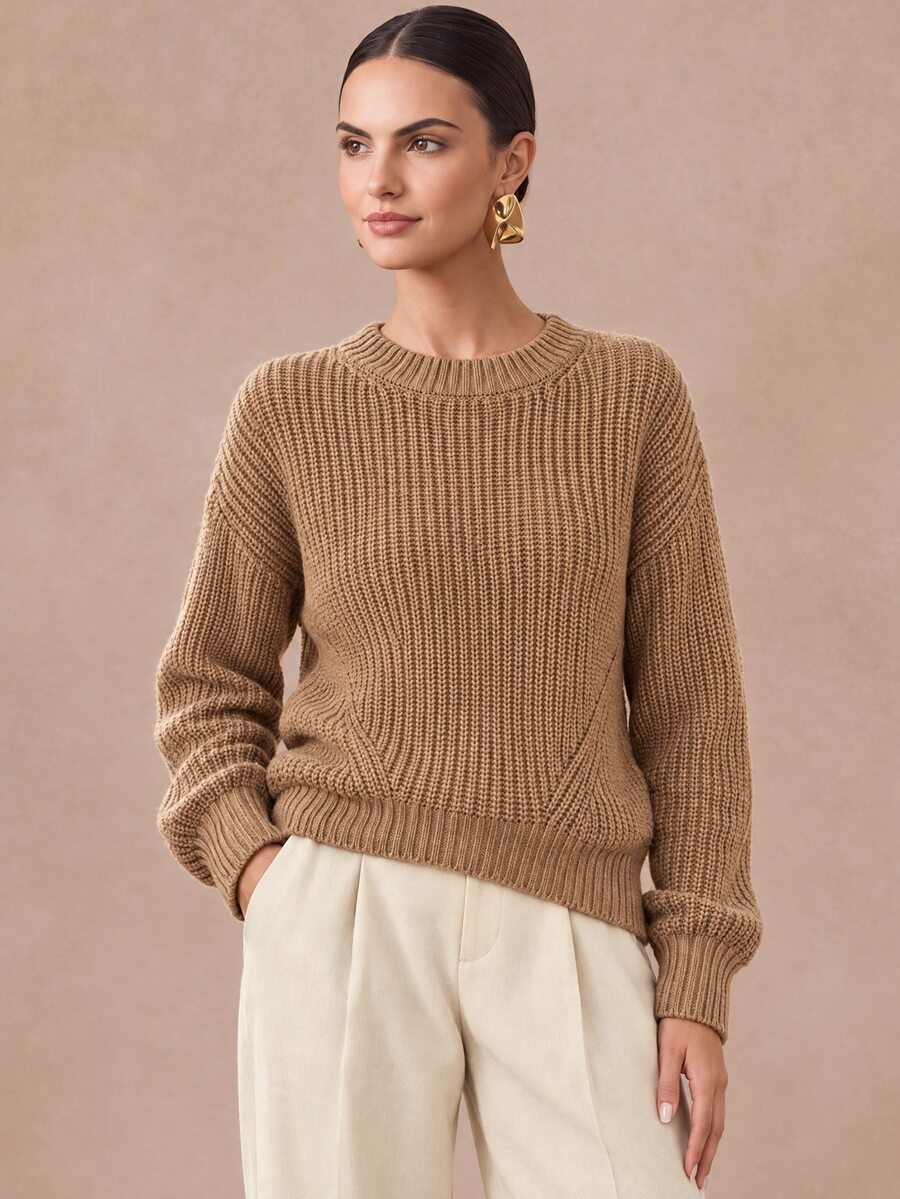 SHEIN Sweater Pullover Pendek Longgar Leher Bulat, Musim Gugur/Musim Dingin untuk Kerja, Makan Siang, Sehari-hari, Khaki, Gaya Kasual Prancis - Khaki - View 1