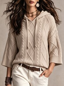 SHEIN 女款秋季休閒法式波希米亞風素色連帽針織衫，米色，適合日常旅行與早午餐 - 杏色 - 查看 6