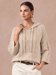 SHEIN 女款秋季休閒法式波希米亞風素色連帽針織衫，米色，適合日常旅行與早午餐 - 杏色 - 查看 3