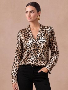 SHEIN Women's Autumn Long Sleeve Fashion Elegant Woven Blouse Dinner Office Beige Leopard-Print Fashion Printed Shirt - Multicolor - View 1