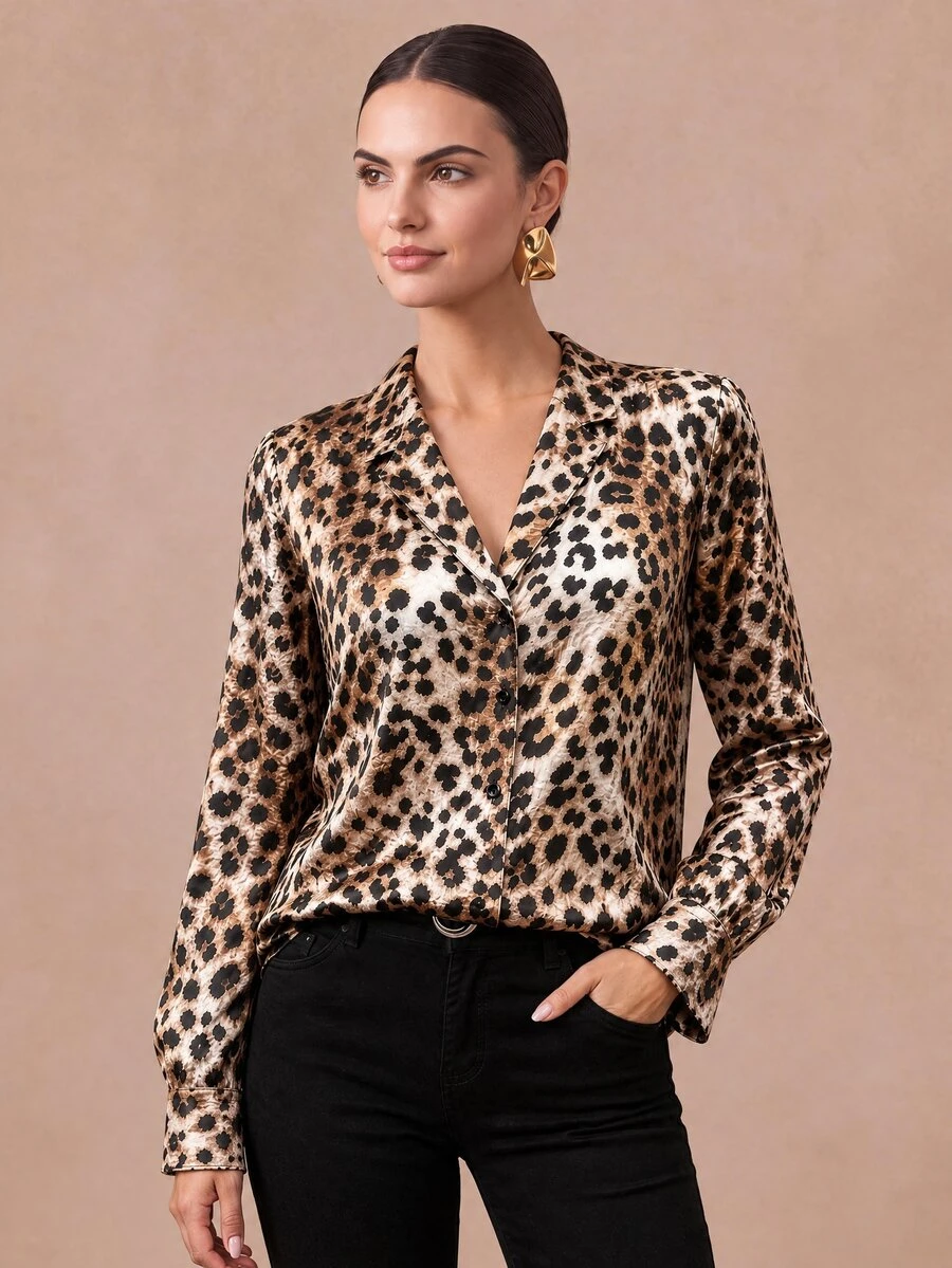 SHEIN Women's Autumn Long Sleeve Fashion Elegant Woven Blouse Dinner Office Beige Leopard-Print Fashion Printed Shirt - Multicolor - View 1
