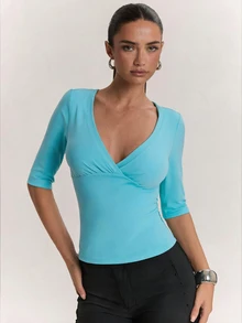 SHEIN BAE Women's Solid Color Slim Fit Sexy 3/4 Sleeve Top Fall Clothes For Women ,Summer, Winter Clothes - Mint Blue - View 3