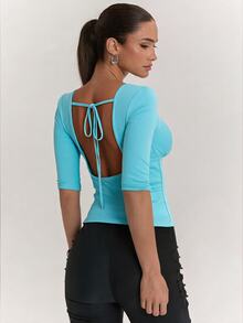 SHEIN BAE Women's Solid Color Slim Fit Sexy 3/4 Sleeve Top Fall Clothes For Women ,Summer, Winter Clothes - Mint Blue - View 2