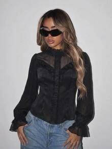 SHEIN ICON 女款純色百褶休閒百搭日常穿著上衣 - 黑色 - 查看 1