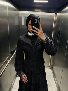 SHEIN ICON 女款純色百褶休閒百搭日常穿著上衣 - 黑色 - 查看 3