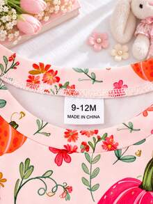 SHEIN 女嬰長袖洋裝，淺粉色底色搭配彩色南瓜、花朵與葉子印花，飾有大橘色蝴蝶結，甜美清新，充滿溫柔萬聖節氛圍 - 彩色 - 查看 6