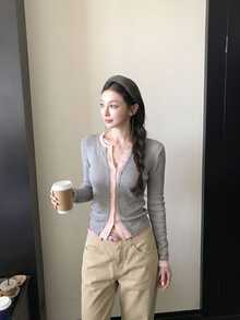 DAZY Layered Slim Fit 2 In 1 Colorblock Knit Cardigan, Elegant Commuter Long Sleeve Top For Women - Grey - View 6