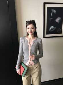 DAZY Layered Slim Fit 2 In 1 Colorblock Knit Cardigan, Elegant Commuter Long Sleeve Top For Women - Grey - View 3