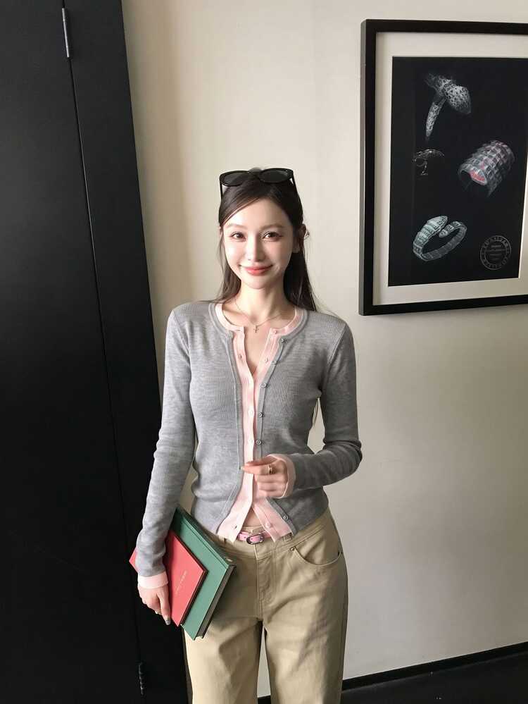 DAZY 女款層次感修身 2 合 1 配色針織開襟衫，優雅通勤長袖上衣 - 灰色 - 查看 3