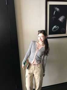 DAZY Layered Slim Fit 2 In 1 Colorblock Knit Cardigan, Elegant Commuter Long Sleeve Top For Women - Grey - View 2