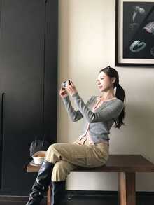 DAZY Layered Slim Fit 2 In 1 Colorblock Knit Cardigan, Elegant Commuter Long Sleeve Top For Women - Grey - View 5