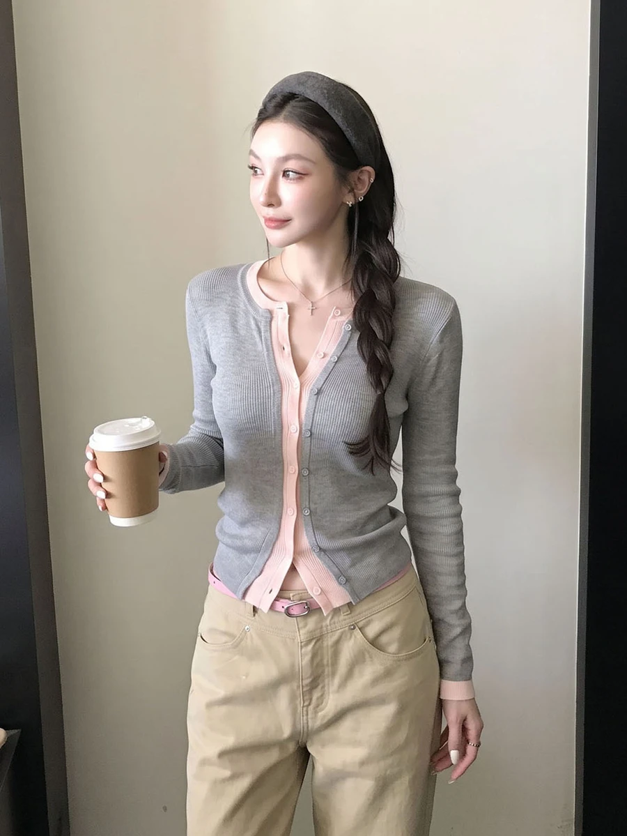 DAZY Layered Slim Fit 2 In 1 Colorblock Knit Cardigan, Elegant Commuter Long Sleeve Top For Women - Grey - View 1