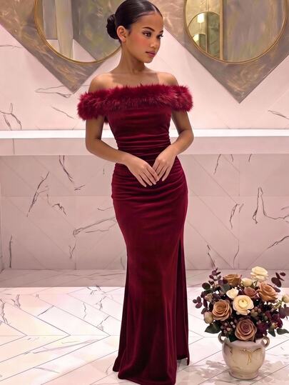 SHEIN فستان طويل أنيق فاخر للفتيات المراهقات، خريف/شتاء، بياقة من الفرو الصناعي، مخمل مع رقعات، خصر مجعد، قصة ضيقة، فتحة جانبية، فستان حفلة وسهرة بتصميم حورية البحر، مناسب للهالوين والكريسماس ورأس السنة، باللون البرغندي