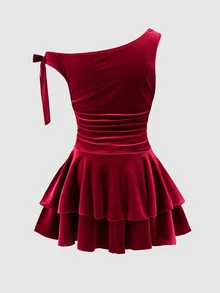 SHEIN Tween女孩秋冬不對稱單肩金屬玫瑰裝飾抓皺層次下擺天鵝絨洋裝 派對禮服 正式洋裝 聖誕節萬聖節新年紅色洋裝 - 酒紅色 - 查看 2