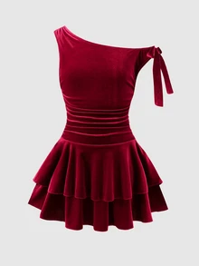 SHEIN Tween女孩秋冬不對稱單肩金屬玫瑰裝飾抓皺層次下擺天鵝絨洋裝 派對禮服 正式洋裝 聖誕節萬聖節新年紅色洋裝 - 酒紅色 - 查看 3