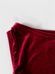 SHEIN Tween女孩秋冬不對稱單肩金屬玫瑰裝飾抓皺層次下擺天鵝絨洋裝 派對禮服 正式洋裝 聖誕節萬聖節新年紅色洋裝 - 酒紅色 - 查看 7