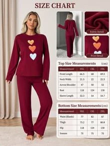 SHEIN طقم بيجامة نسائي مقاس كبير بلون برغندي مع طباعة قلب وأكمام طويلة، أنيق للعروس، مناسب لليالي الشتاء - عنابي اللون - مشاهدة 6