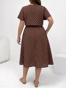 Shapeblank 大码女装春夏时尚休闲优雅宽松舒适日常百搭棕色波点短袖修身中长连衣裙，带口袋，简约风格，度假穿搭，欧洲夏季 - 棕色 - 查看 4