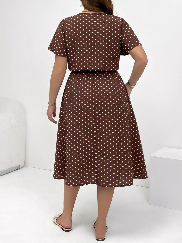 Shapeblank Plus-Size Women's Brown Polka Dot Short-Sleeved Midi Dress With Pockets,Summer Casual 90s Modest Picnic Vacation Outfit,Elegant Fitted Waist Brunch - Brown - View 3