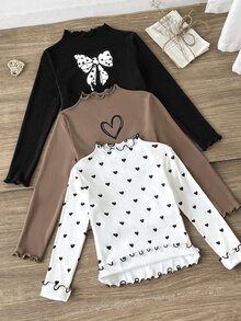 SHEIN Tween女孩秋冬抓絨內裡加厚休閒基礎款甜美愛心與蝴蝶結印花小立領緊口波浪邊套頭上衣 柔軟羅紋針織T恤 3件組 黑色咖啡色黑白愛心隨機發貨 - 彩色 - 查看 4
