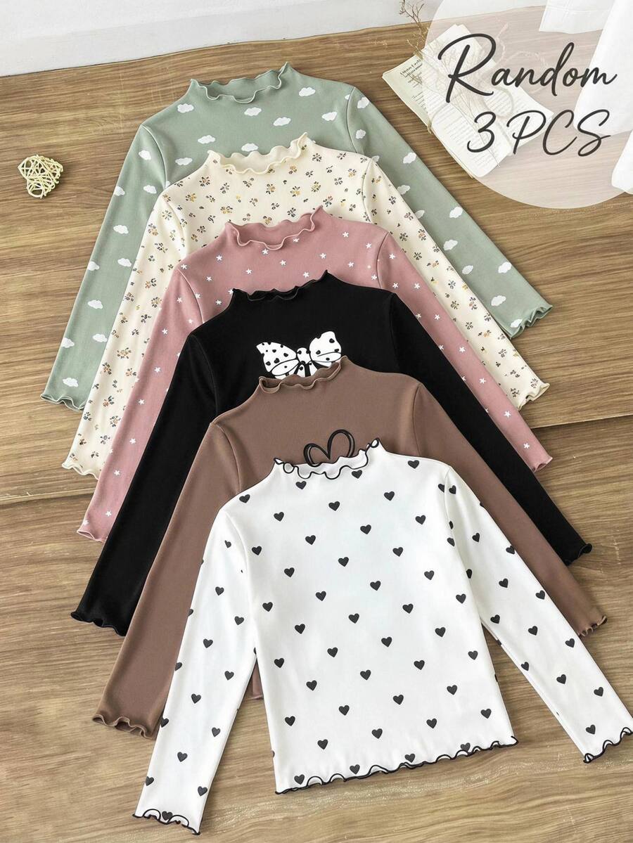 SHEIN Tween女孩秋冬抓絨內裡加厚休閒基礎款甜美愛心與蝴蝶結印花小立領緊口波浪邊套頭上衣 柔軟羅紋針織T恤 3件組 黑色咖啡色黑白愛心隨機發貨 - 彩色 - 查看 1