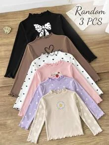 SHEIN Tween女孩秋冬抓絨內裡加厚休閒基礎款甜美愛心與蝴蝶結印花小立領緊口波浪邊套頭上衣 柔軟羅紋針織T恤 3件組 黑色咖啡色黑白愛心隨機發貨 - 彩色 - 查看 5