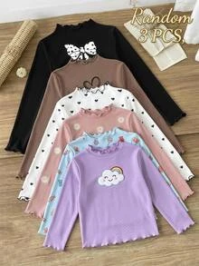SHEIN Tween女孩秋冬抓絨內裡加厚休閒基礎款甜美愛心與蝴蝶結印花小立領緊口波浪邊套頭上衣 柔軟羅紋針織T恤 3件組 黑色咖啡色黑白愛心隨機發貨 - 彩色 - 查看 8