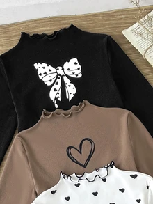 SHEIN Tween女孩秋冬抓絨內裡加厚休閒基礎款甜美愛心與蝴蝶結印花小立領緊口波浪邊套頭上衣 柔軟羅紋針織T恤 3件組 黑色咖啡色黑白愛心隨機發貨 - 彩色 - 查看 3