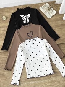 SHEIN Tween女孩秋冬抓絨內裡加厚休閒基礎款甜美愛心與蝴蝶結印花小立領緊口波浪邊套頭上衣 柔軟羅紋針織T恤 3件組 黑色咖啡色黑白愛心隨機發貨 - 彩色 - 查看 6