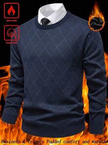 Manfinity CasualKnits Sweater Pria Kasual Leher Bulat Motif Berlian dengan Lapisan Termal, Musim Gugur/Dingin - Krem - View 1